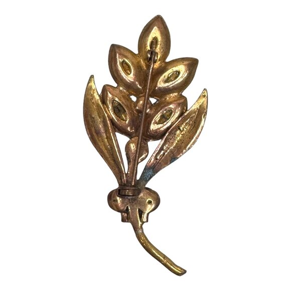 Vintage Amber Rhinestone Leaf Brooch Gold Tone Jewelry Unsigned Estate Statement - Picture 3 of 5